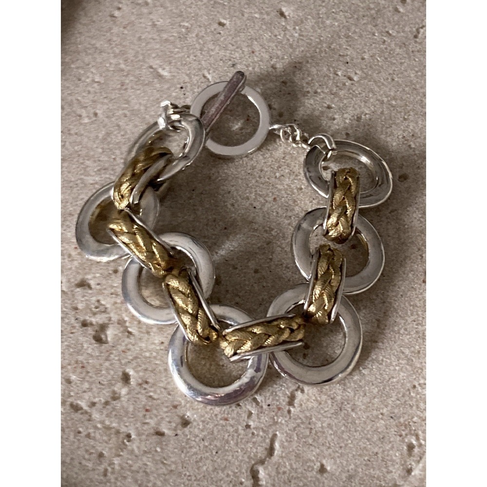 Two Tone Chunky Link Bracelet‎ Silver Gold Tone Textured Statement Circles